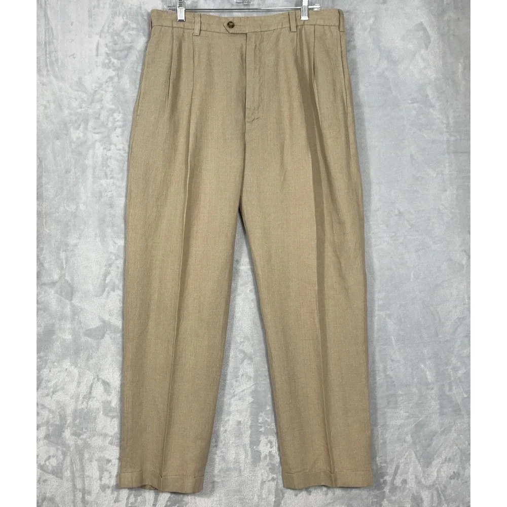 Jos. A. Bank Mens Pants 34x30‎ 100% Linen Travelers Collection Pleated Cuffed